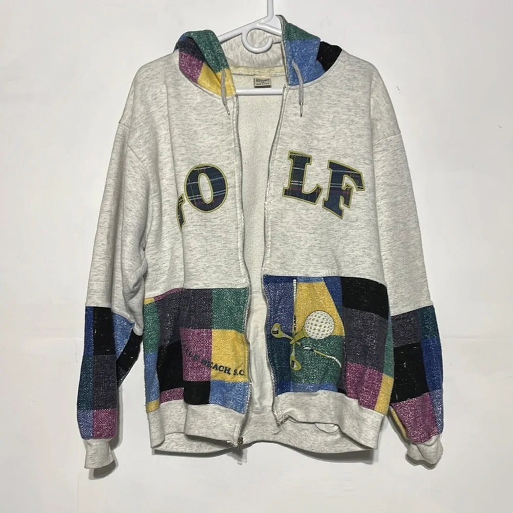 Vintage Myrtle Beach South Carolina Golf Plaid Zip Up Hooded Sweatshirt Size XL - Picture 7 of 12